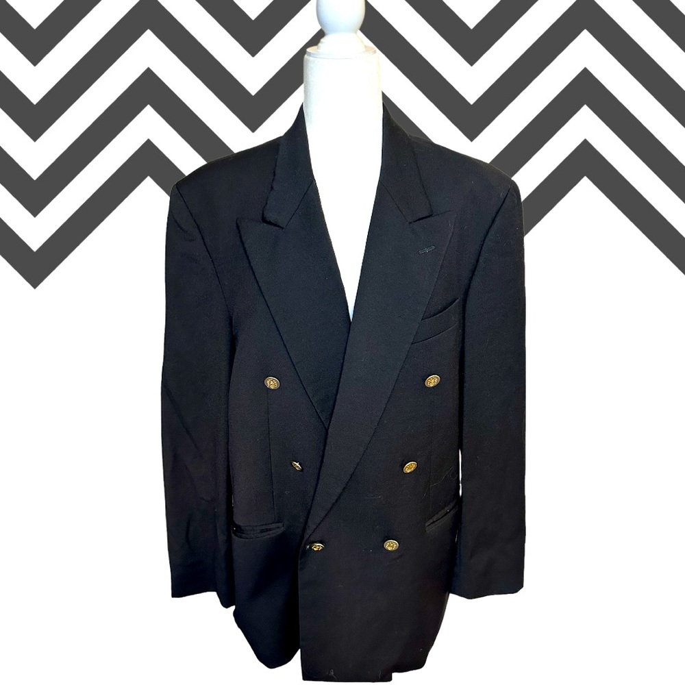 KASPER - Black Virgin Wool Double Breasted Blazer With Gold Hardware. Size 16